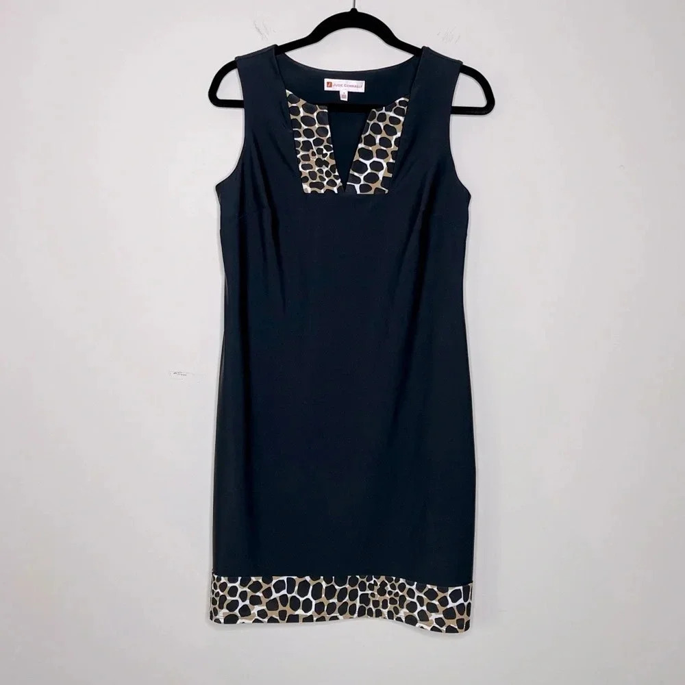 JUDE CONNALLY CARISSA PONTE SHIFT DRESS IN BLACK ANIMAL PRINT BORDER